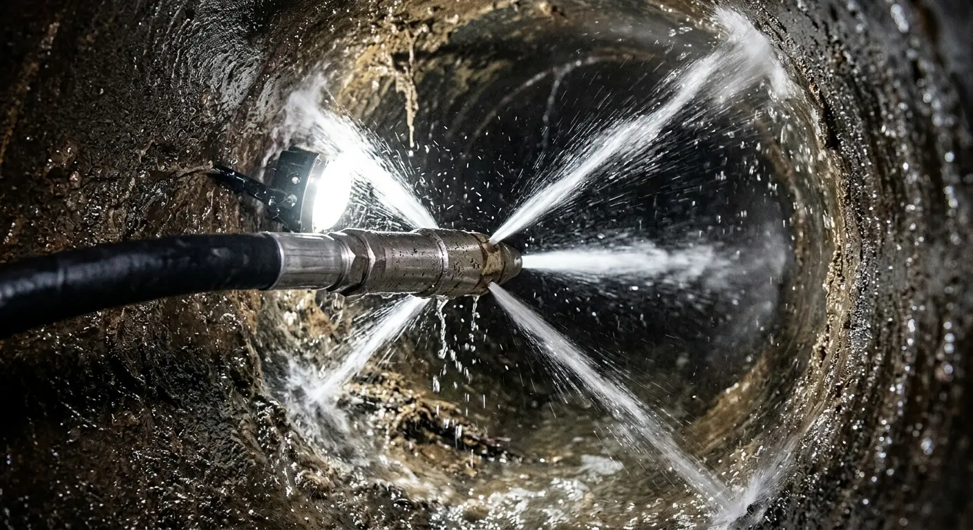 High-pressure hydro jetting nozzle cleaning sewer pipe for Emergency Drain Service in Monticello