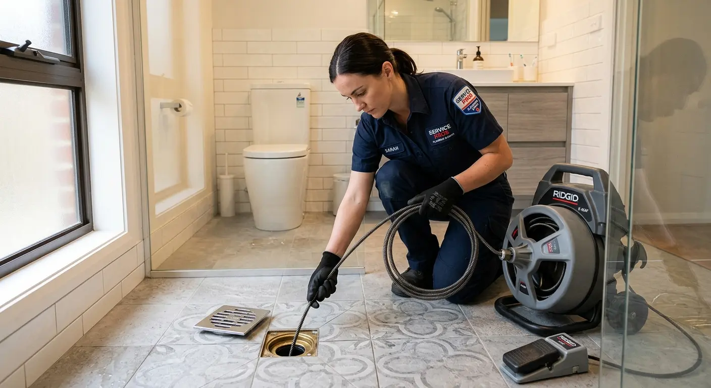 Technician clearing a bathroom floor drain for Drain Repair in Monticello